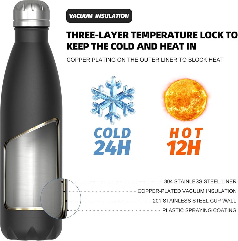 WATERSY Stainless Steel water bottles,17oz/500ml Insulated Water Bottles,Black metal water bottle Keeps Drink Cold and Hot,BPA Free kids water bottles for School,Gym,Travel,Sports - Image 2